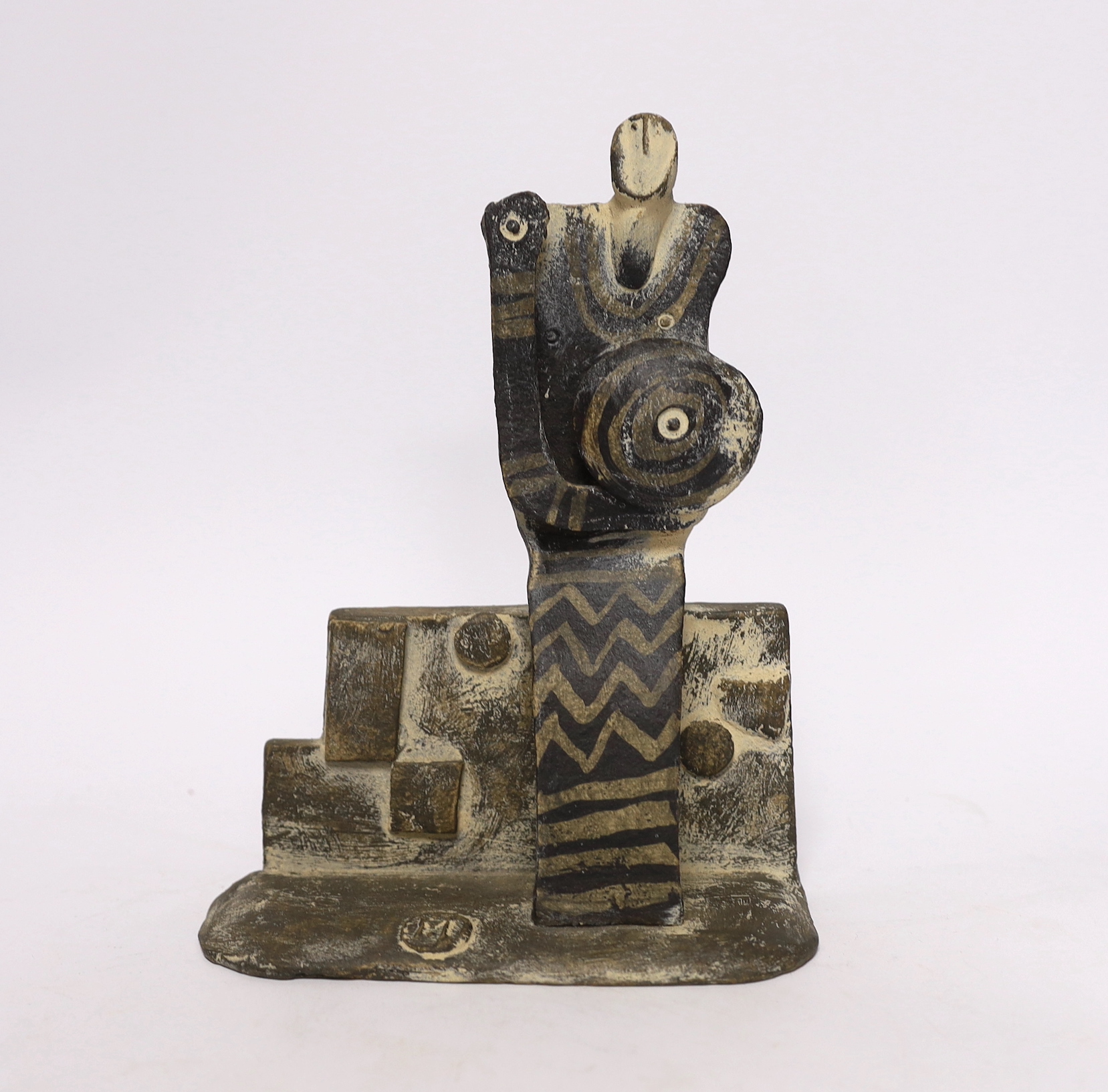 John Maltby (1936-2020), a ceramic abstract sculpture ‘Seated Kinght’, moulded maker’s mark, 19cm high